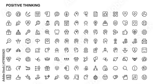 Positive Thinking Professional Line Icon Set. Modern outline vector illustrations symbolizing optimism, mindset, motivation, and emotional wellness.