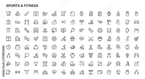 Sports and Fitness Professional Line Icon Set. Modern outline vector illustrations representing training, strength, wellness, and athletic performance.