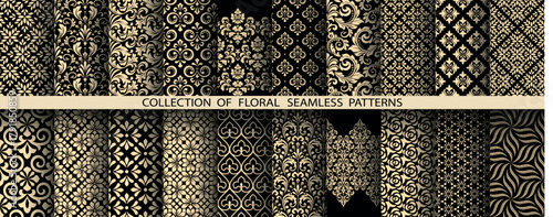 Geometric floral set of seamless patterns. Golden and black vector backgrounds. Damask graphic ornaments