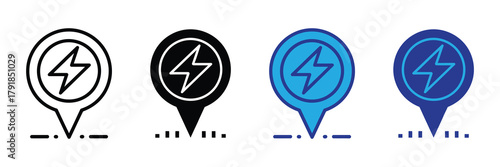 Electric vehicle charging station location map pin icons, energy power sign vector set isolated on white background