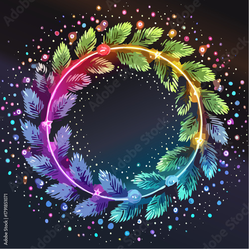 ネオンで輝くクリスマスリースのイラスト