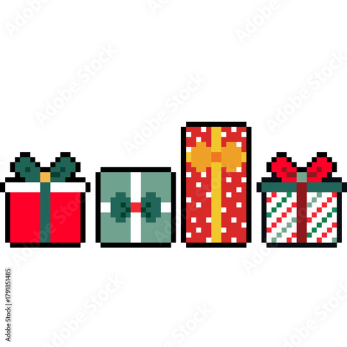 Christmas gift boxes, set of Christmas gifts pixel art style, gift boxes icon