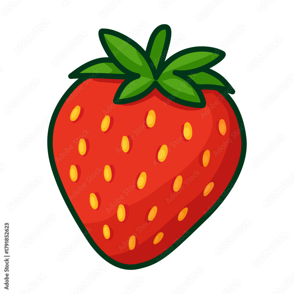 Fototapeta premium Cute strawberry cartoon illustration, fresh red fruit with green leaves isolated on white background, adorable flat vector design perfect for stickers, logos, icons, and packaging.