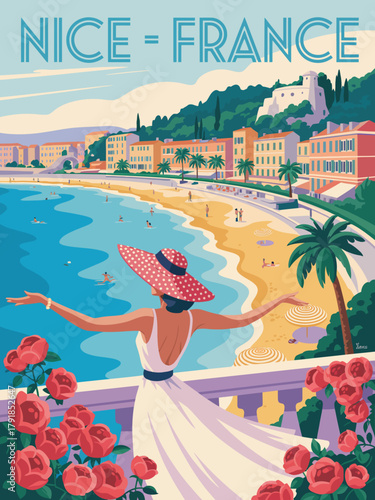 Nice French Riviera Coast Poster – Vintage Retro Travel Illustration Featuring Woman on Vacation, Seaside Resort Landscape, Mediterranean Beach and Sea Scene in Classic Vector Style