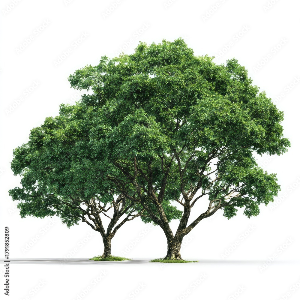 Obraz premium A large, mature tree with lush green foliage and a thick trunk stands tall against a white background.