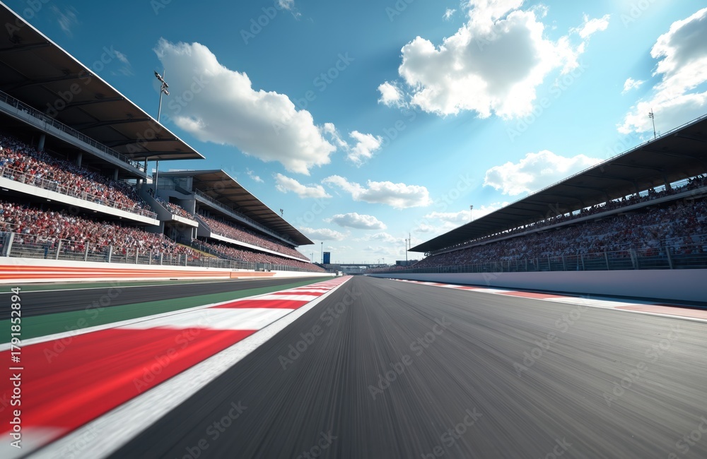 Obraz premium Race track viewpoint with filled stands under blue sky with white clouds. Motorsport event awaits drivers and fans. Competitors start race fast lap on asphalt.