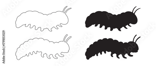 Caterpillar outline and silhouette graphic elements for design.