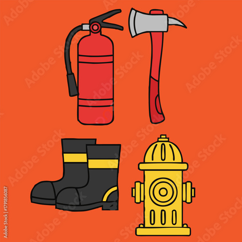 Collection of essential firefighting equipment including an extinguisher, axe, boots, and a hydrant on an orange background.