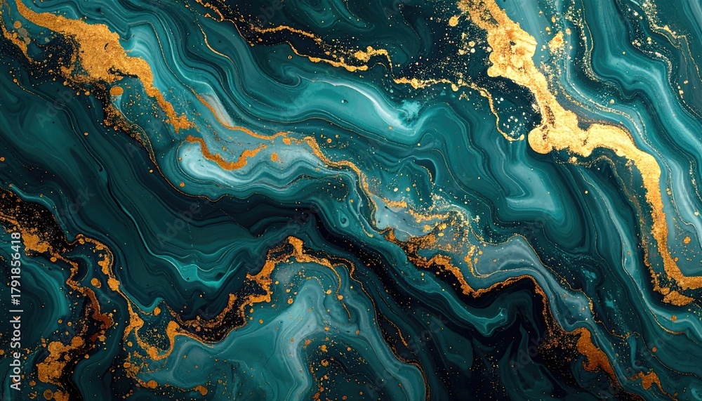 Fototapeta premium Teal & gold swirls like paint, abstract fluid art backdrop