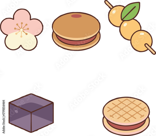 A collection of various Japanese sweets, including flower, dorayaki, dango, and yokan.