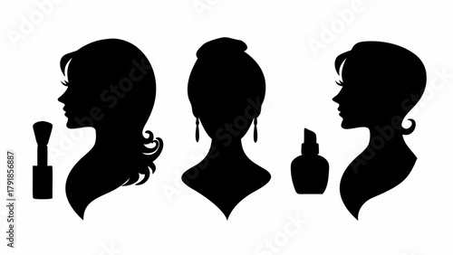 Chic silhouettes of women with elegant hairstyles and makeup tools evoke timeless beauty and sophisticated style for your projects.