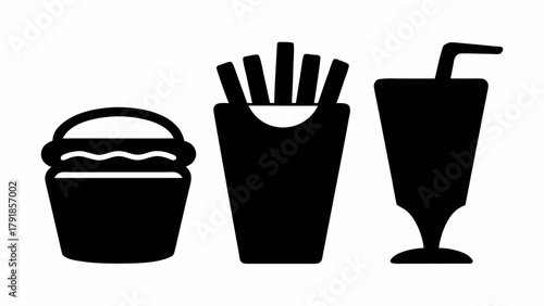 Classic fast food trio featuring a juicy burger, crispy fries, and a refreshing drink, perfect for casual dining and quick meal promotions