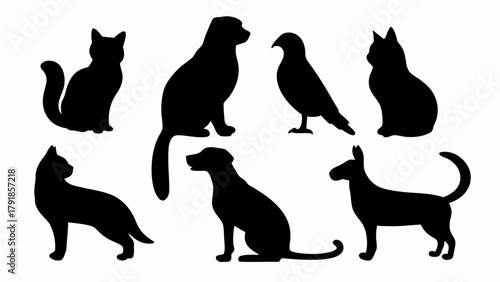 Collection of diverse animal silhouettes including cats, dogs, and a bird, perfect for design projects and educational materials.