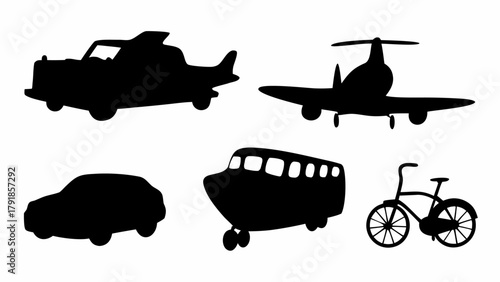 Diverse transportation silhouettes including car, airplane, bus, and bicycle offering versatile design elements for travel and mobility themes