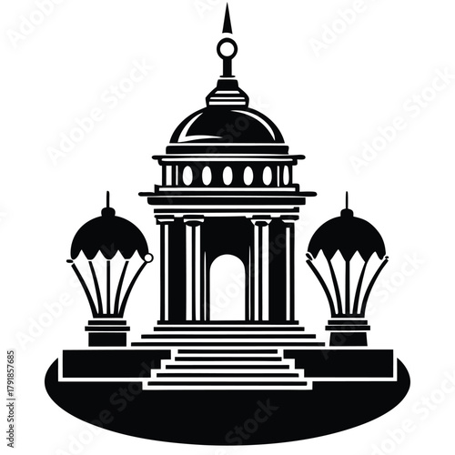 Illustration of government building design with columns steps in black and white