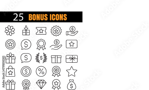 Bonus Vector Set, Reward and Achievement Icons, Gift and Promotion Outline Symbols, Incentive and Loyalty Program Illustration Collection