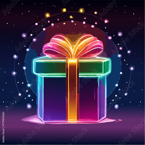 ネオンで描かれたクリスマスギフトボックス