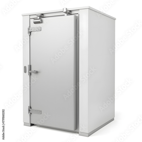 Realistic stainless steel walk-in cooler door on white background, industrial design