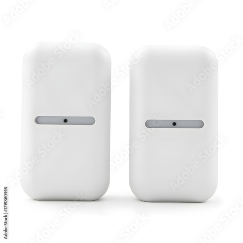 Magnetic door security sensor pair on white background, product protection
