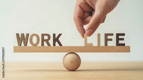 Work Life Balance Concept with Wooden Blocks and Hand – Harmony, Stability, and Time Management Symbolism