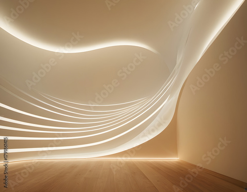 Illuminated wavy lines representing airflow or purified air move across a sunlit interior space.