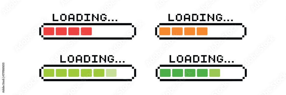 Fototapeta premium Pixelated Loading Bar Icons – Retro Progress Indicator Stages, 8-Bit Style Interface Elements, Digital UI Bars, and Classic Pixel Progress Graphics for Apps and Games