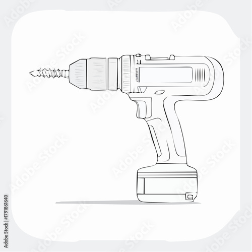 Detailed Line Art Illustration of a Cordless Drill.