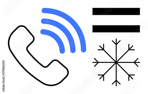 Black phone symbol with blue signal waves, snowflake, and equal sign. Ideal for communication, inclusivity, seasons, signal, winter equality connection. Simple flat metaphor