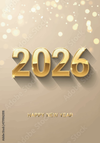 Happy New Year 2026 luxury gold greeting card design with sparkling bokeh background