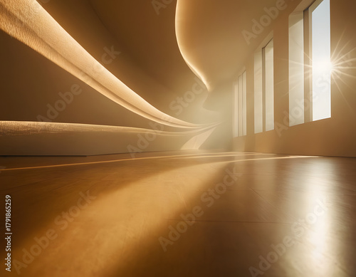 Illuminated wavy lines representing airflow or purified air move across a sunlit interior space. interior of the hotel room.