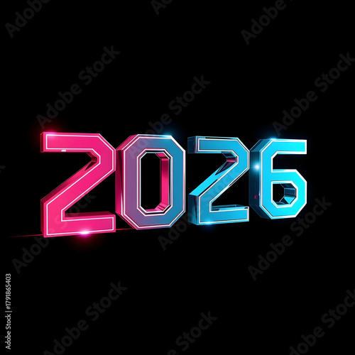 Futuristic glowing neon numbers 2026 in vibrant pink and blue against a black background
