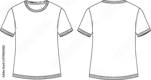 Technical Fashion Flat Sketch of a Classic Crew Neck T-Shirt with Ribbed Collar, Cuffs, and Hemline for Apparel Design Specification, Tech Pack, and Clothing Production.