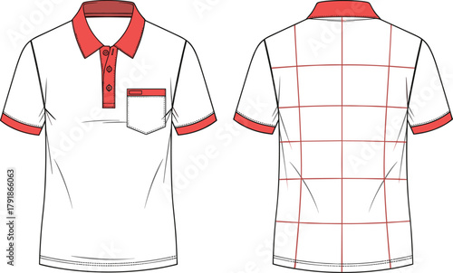 Technical Fashion Flat Sketch of a Men's Short Sleeve Polo Shirt Template with Contrast Collar, Cuffs, and Pocket for Apparel Design and Production Spec Pack.