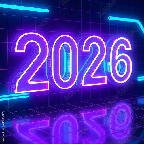 Vibrant neon glowing numbers 2026 reflecting on a dark surface with futuristic blue light streaks in the background