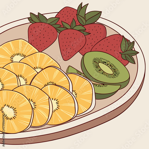 Overhead view of a plate with strawberries, sliced kiwis, and pineapple slices arranged together nicely