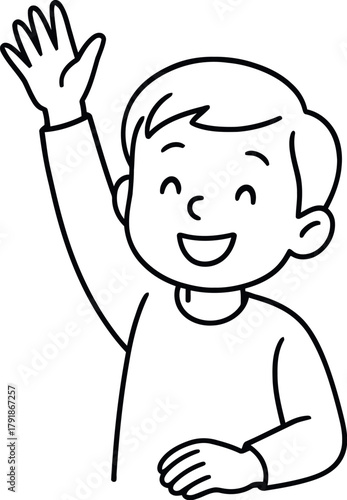 Happy cartoon boy raising his hand with a big smile