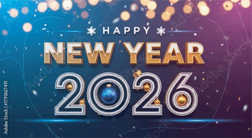 Happy New Year 2026 greeting banner on vibrant celebration background with confetti and bokeh lights