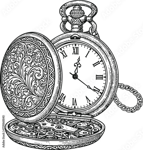 Classic open pocket watch with intricate engravings and Roman numerals on dark background