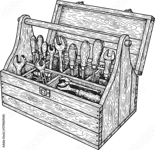 Classic wooden tool caddy with open compartments and top handle isolated on background