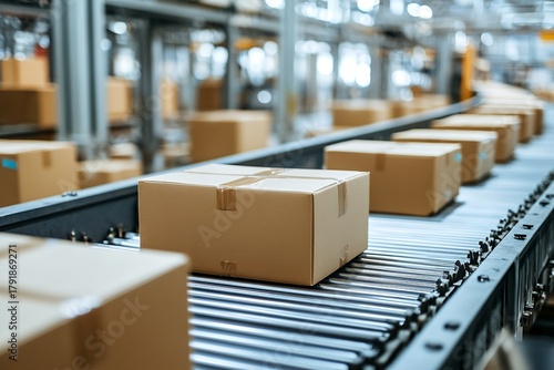 Wallpaper Mural Cardboard boxes move along a conveyor belt in a busy warehouse, symbolizing distribution and logistics Torontodigital.ca