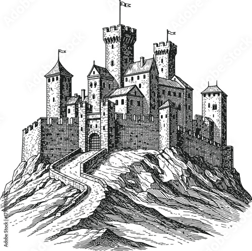 Dark digital landscape with rugged mountain peaks and undefined architectural shapes