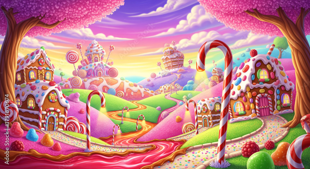 Fototapeta premium Whimsical Candy Land Landscape Illustration Gingerbread Houses, Candy Canes, Lollipop Trees, Sweet River, Pink Sky, Fantasy World.