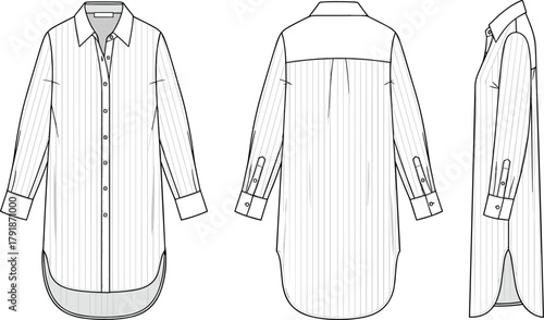 Oversized Longline Tunic Shirt Technical Flat Sketch Template, Full-Length Long Cuffed Sleeves with Button-Down Placket, Striped Fabric, and Curved Hem, Vector CAD.