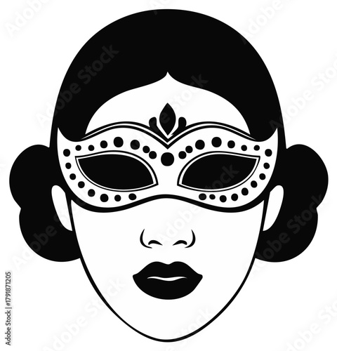 Black and white silhouette illustration of a woman wearing an ornate carnival mask