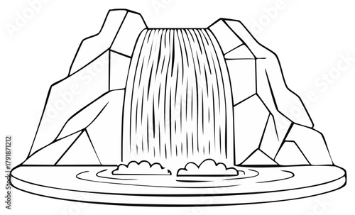 Black and White Line Art Illustration of a Cartoon Waterfall with Rocks and Pool