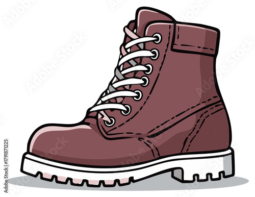 Illustration of Sturdy Maroon Work Boot with Thick White Sole and Laces