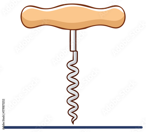 Corkscrew Tool Illustration Metal Spiral with Wooden Handle for Opening Wine Bottles
