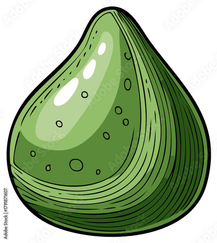 Hand drawn cartoon illustration of a single glossy green mussel seashell