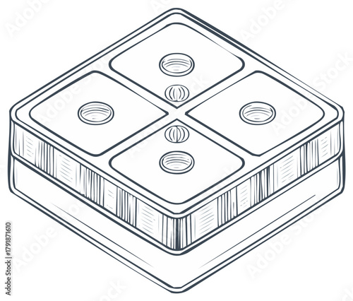 Isometric line drawing of a segmented square object featuring four recessed top sections and textured sides