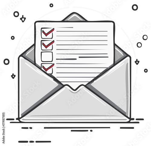 An open envelope contains a document with a completed checklist marked by red checkmarks